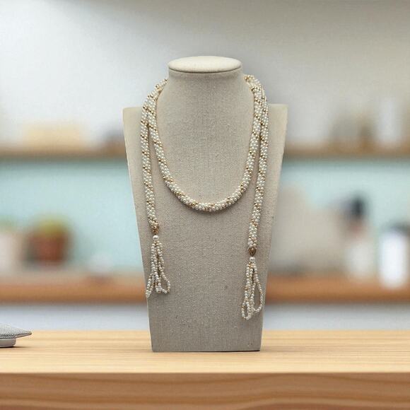 Pearl Beaded Tassel Necklace Long Rope Flapper Style Vintage Jewelry - Picture 5 of 8